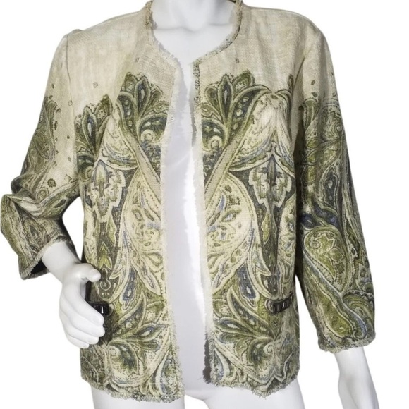 Chicos SZ 2,  Paisley Women's Jacket, raw hemline, elegant, open, textured blzr - Picture 1 of 9
